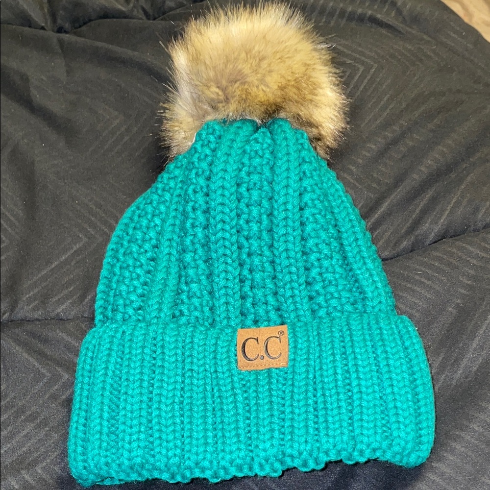 C.C Knit Beanie with Faux Fur Pom